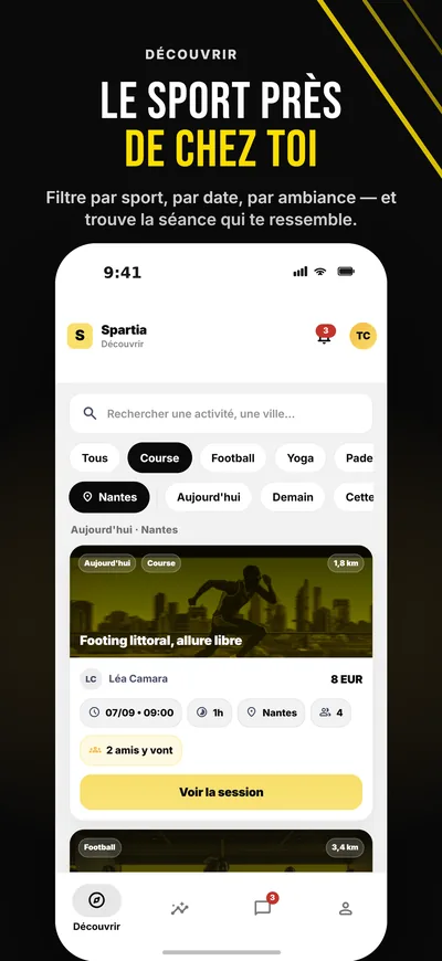 Écran Découvrir de l'app Spartia : recherche de séances par sport, date et ville