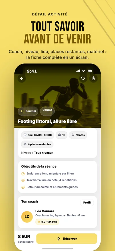 Fiche d'une séance dans l'app Spartia : horaire, lieu, places restantes, objectifs et coach