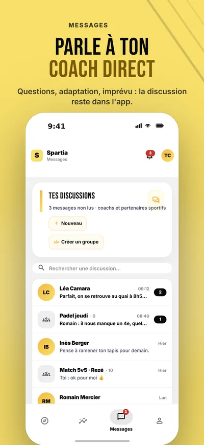Messagerie de l'app Spartia : discussions avec les coachs et groupes sportifs