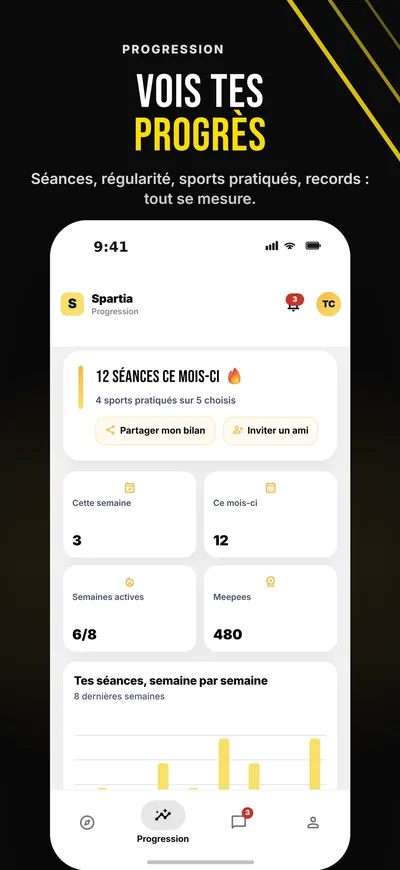 Suivi de progression dans l'app Spartia : séances du mois, régularité et statistiques