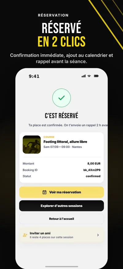 Confirmation de réservation d'une séance dans l'app Spartia